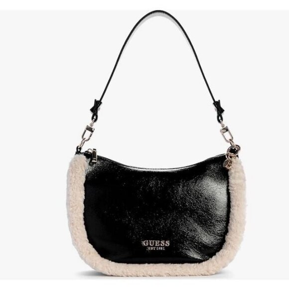 GUESS Davika crinkle faux-leather Sherpa trim hobo shoulder bag - Black - Picture 1 of 15